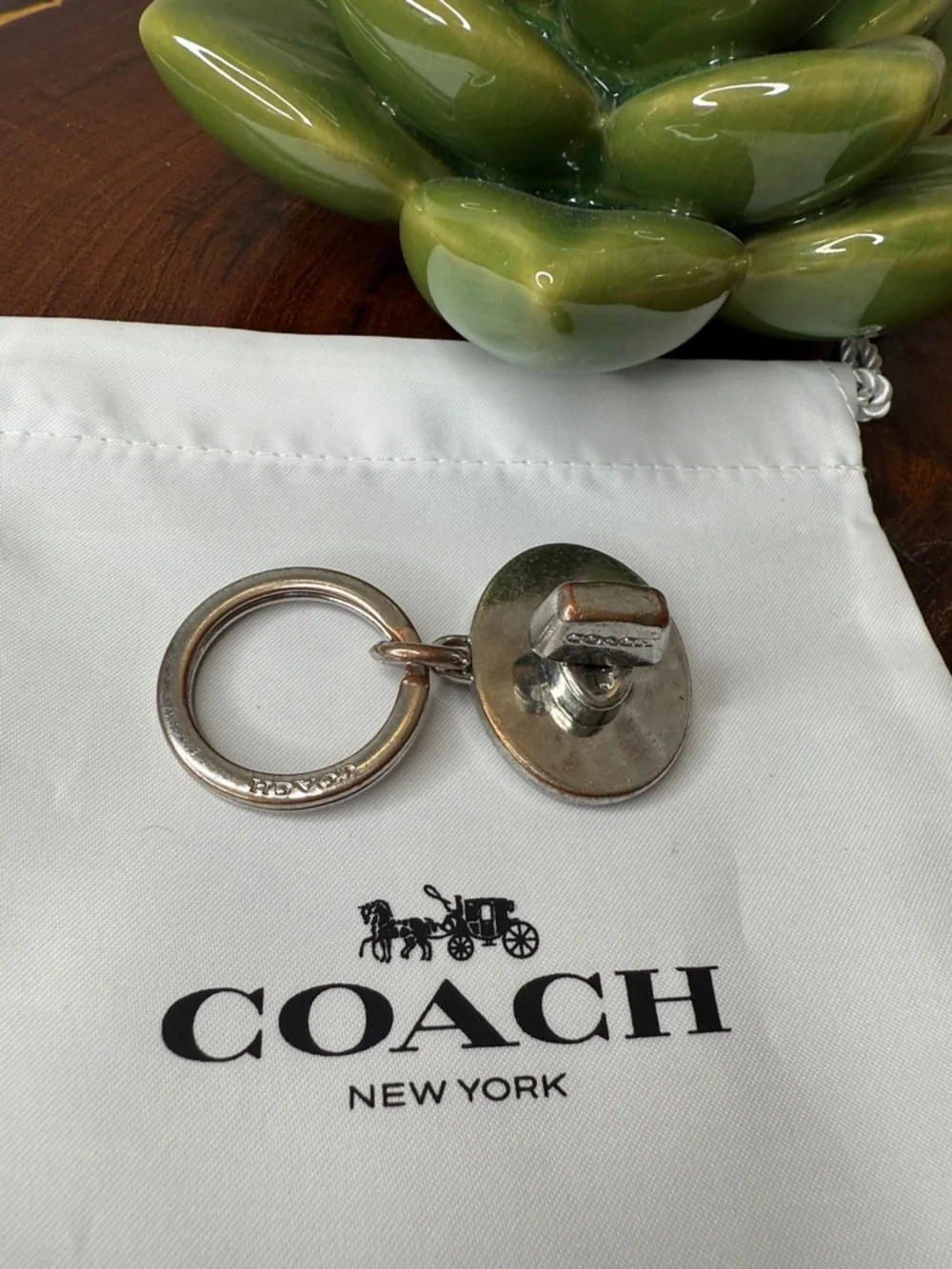 Y2K Coach Silver-Tone Round Keyring with Button Charm